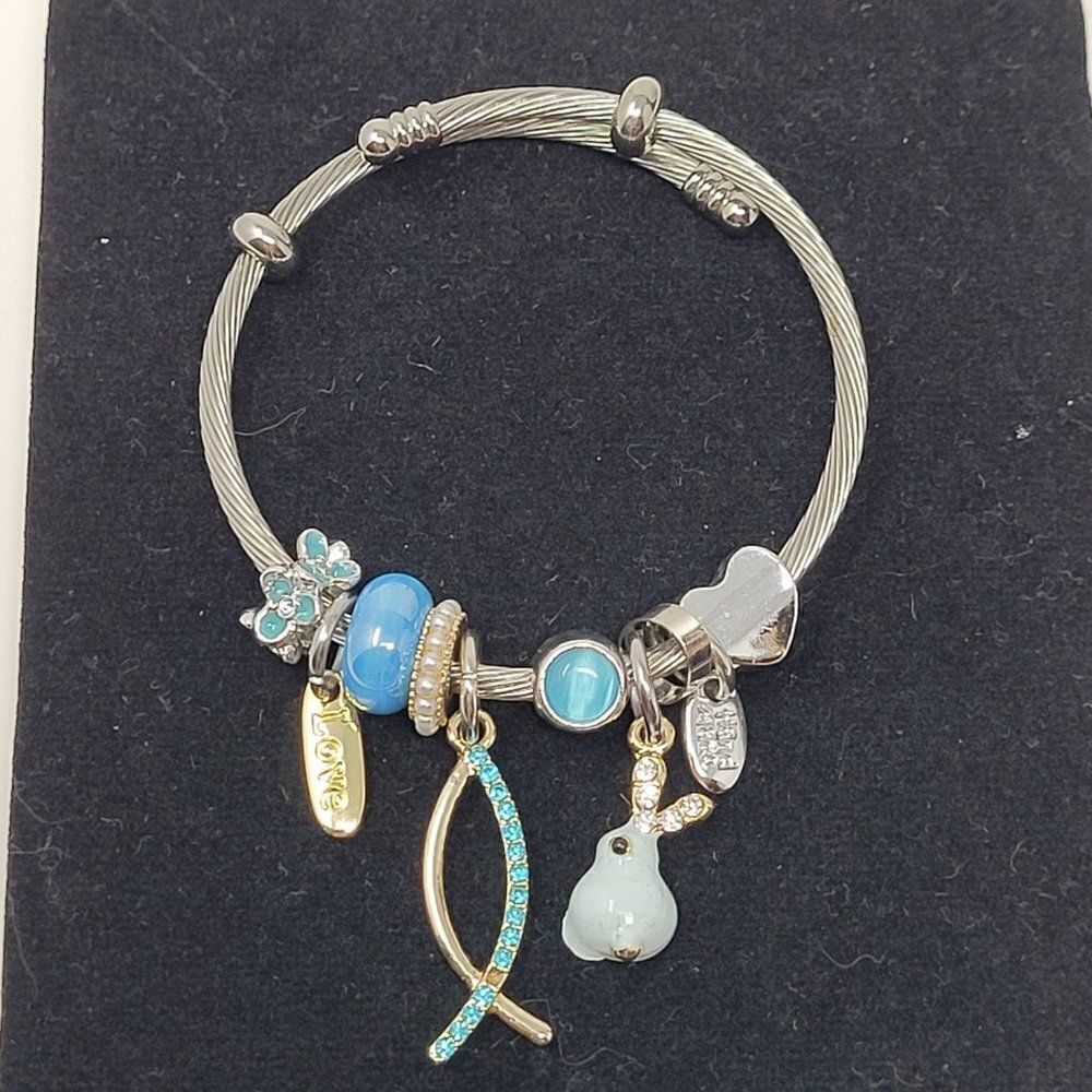 Handmade Silver Tone Steel Charm Bracelet‎ Turquoise Blue Jesus Fish Love Gift